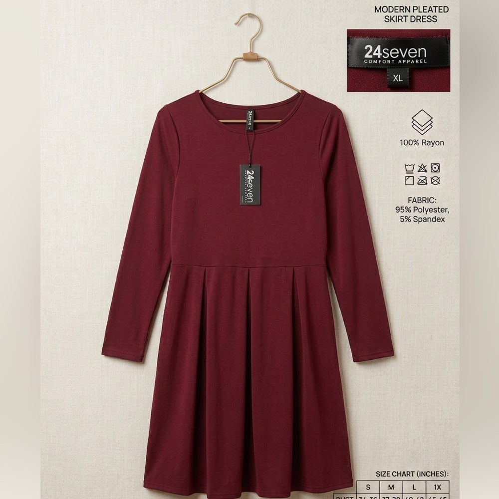 24seven Comfort Apparel Women's Burgundy Pleated Skater Dress